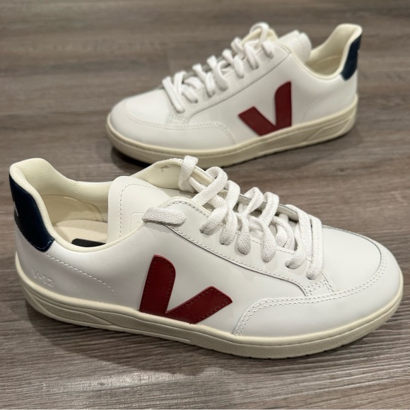 Veja Shoes - Veja V-12 White Navy Red Lace Up Leather Sneakers